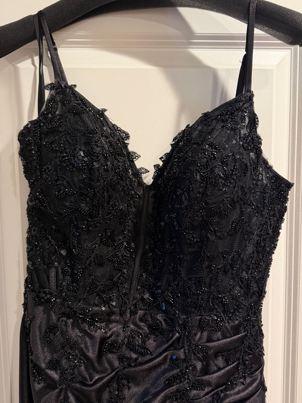 Beaded Black Satin Prom Dress with Lace Bodice